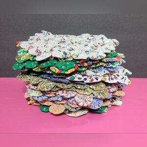 Vintage Fabric Handmade Yo-Yo's Sewn Together 8 1/2" Set Of 24. (0512)